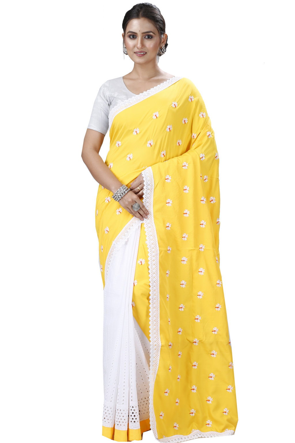 Yellow White Pure Cotton LalPori Hand Loom Saree (1253)